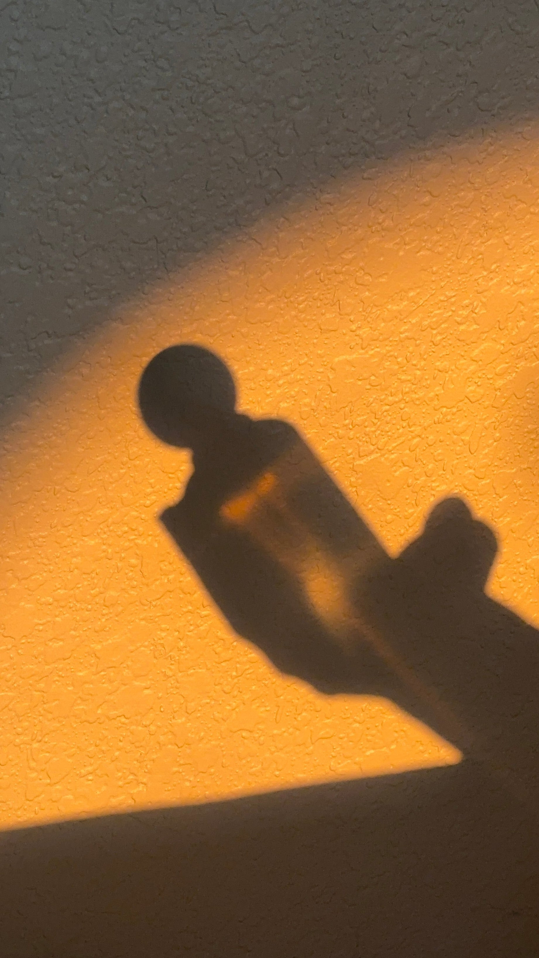 A dark silhouette of a hand holding a small round object against a textured wall, casting a warm golden-orange shadow.